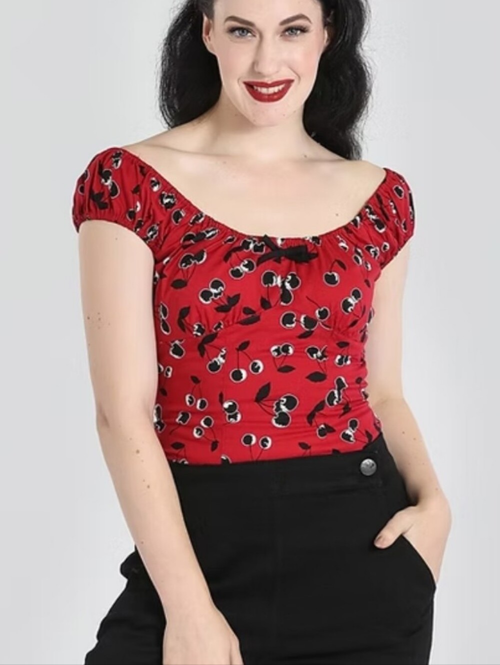 Hell Bunny Retro Red Cherry Print Fitted Top Women's L-XL Pin Up Girl